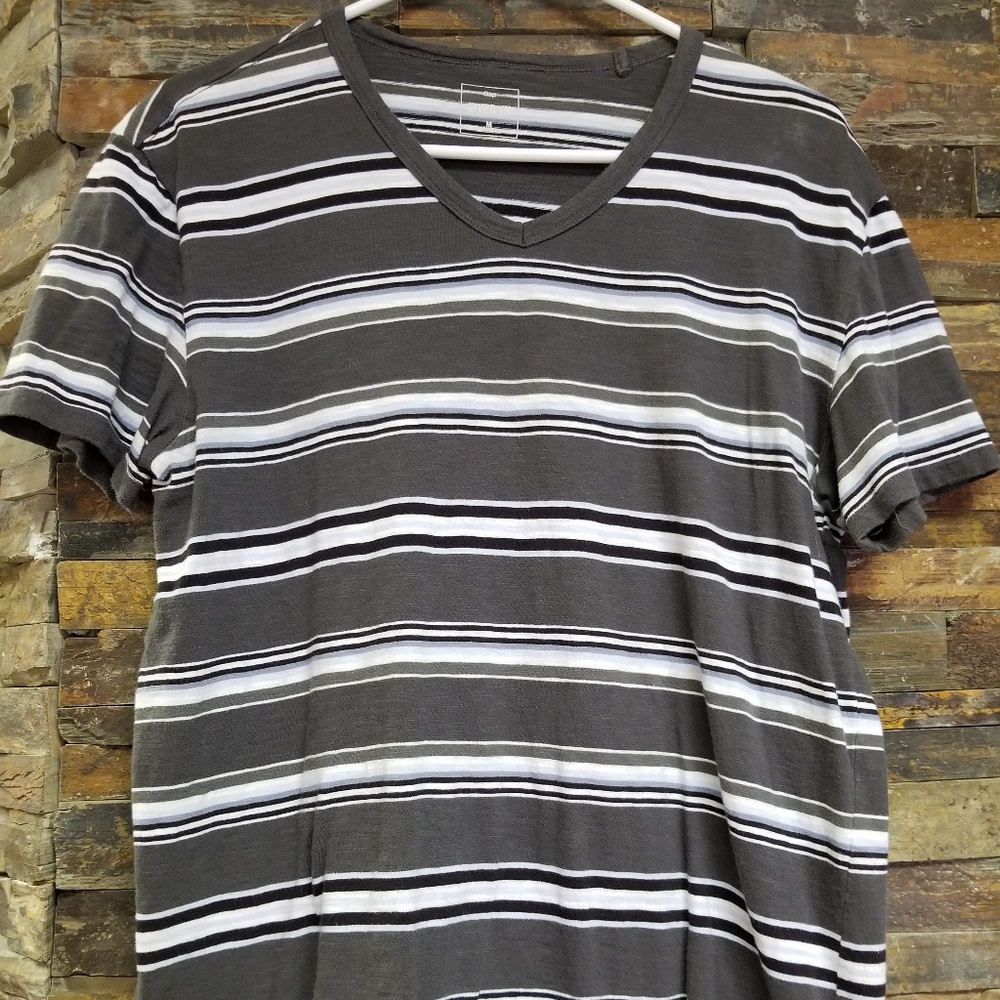 Gray and White Striped V-neck T-shirt